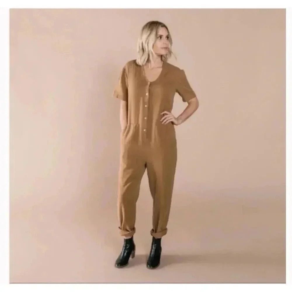 Rylee & Cru Tencel Linen Blend Utility Jumpsuit Brown Romper Pockets Size M - Picture 3 of 14